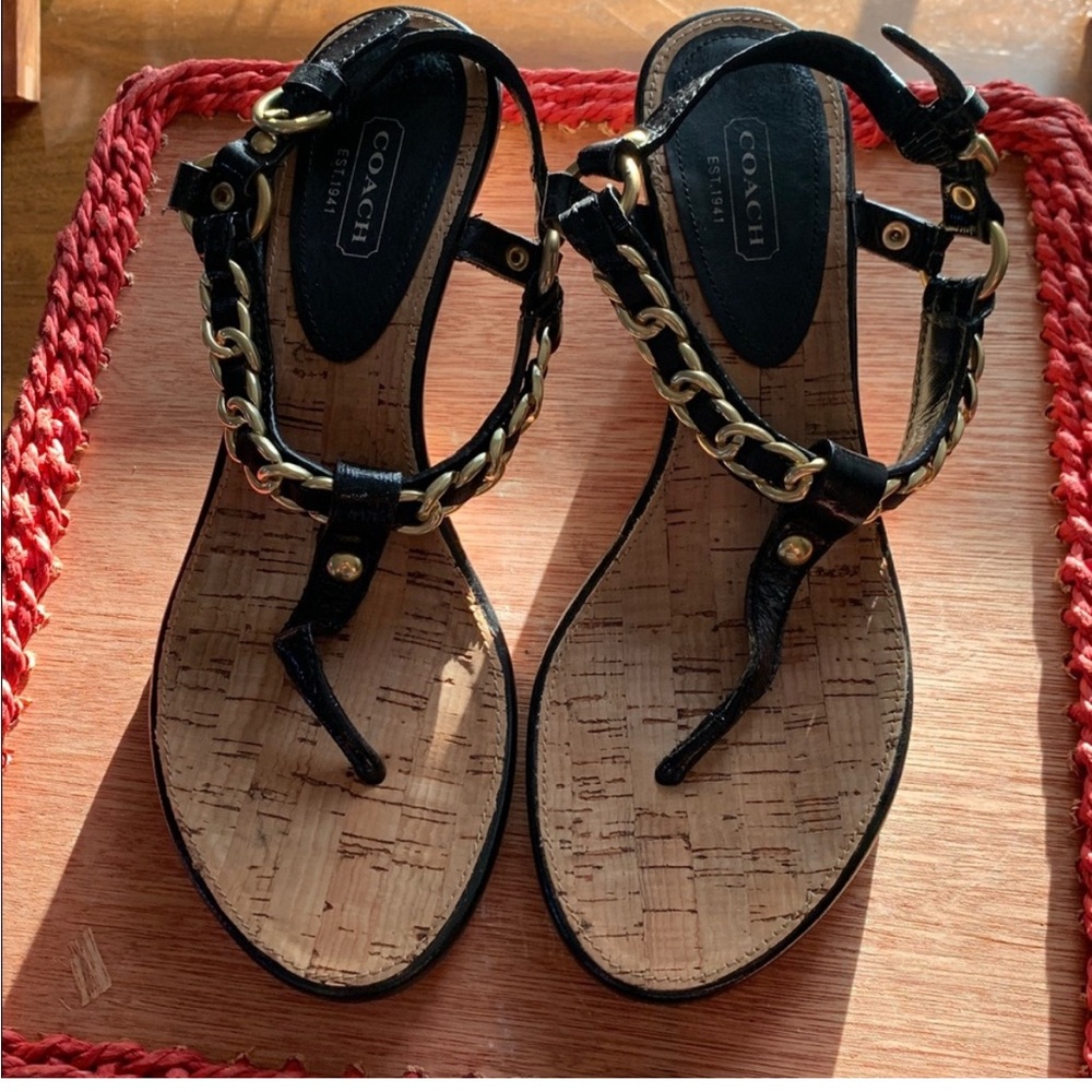 Coach Black and Gold Chain Sandals